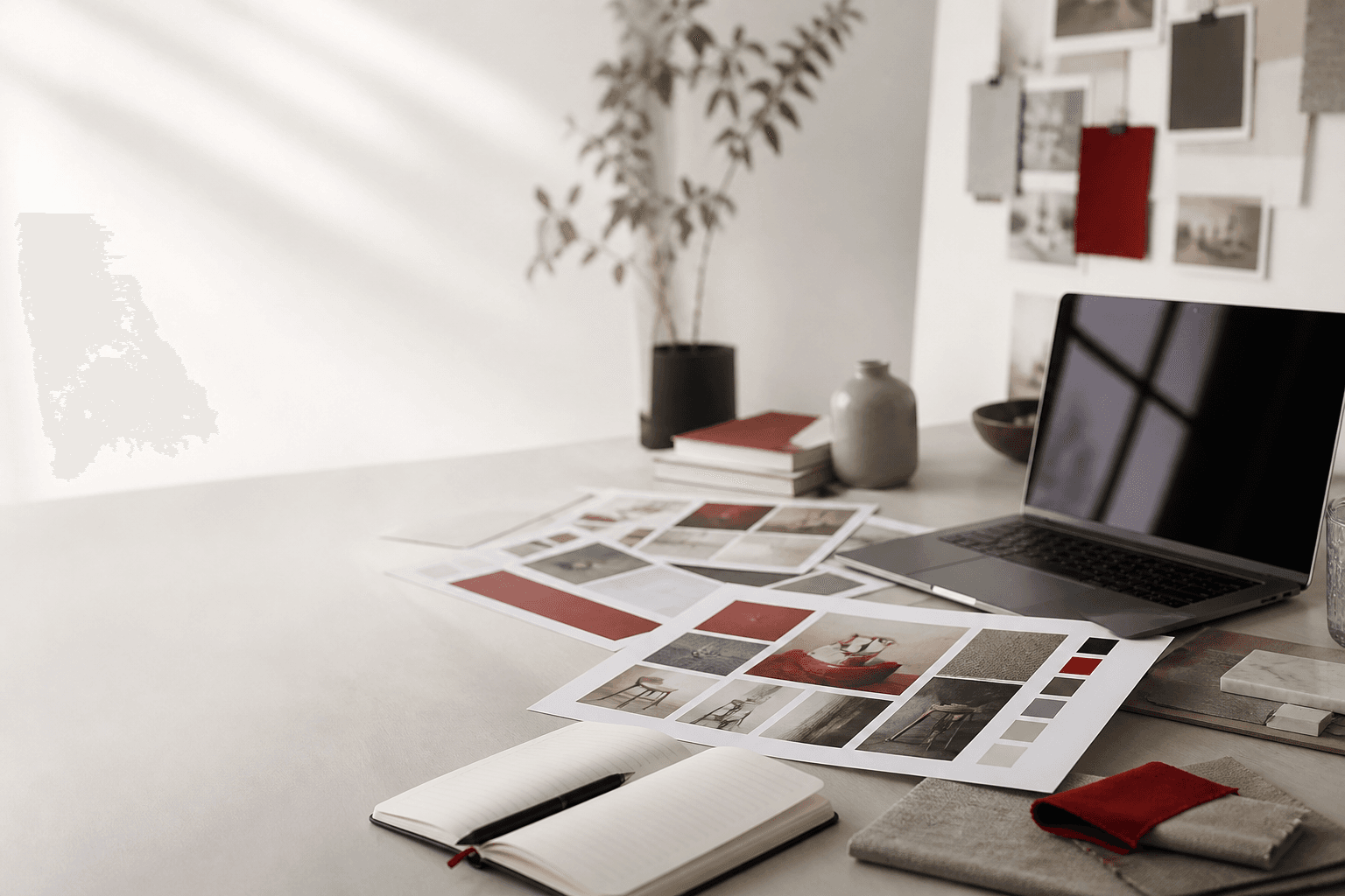 Creative workspace with a moodboard, laptop, and design materials