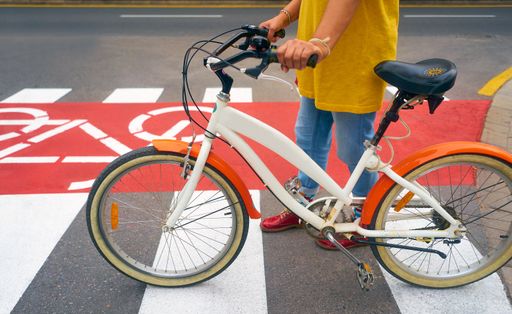 A closeup of a person with colorful clothes standing in a park with a bicycle