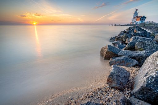 A beautiful shot of a rocky beach during the sunset