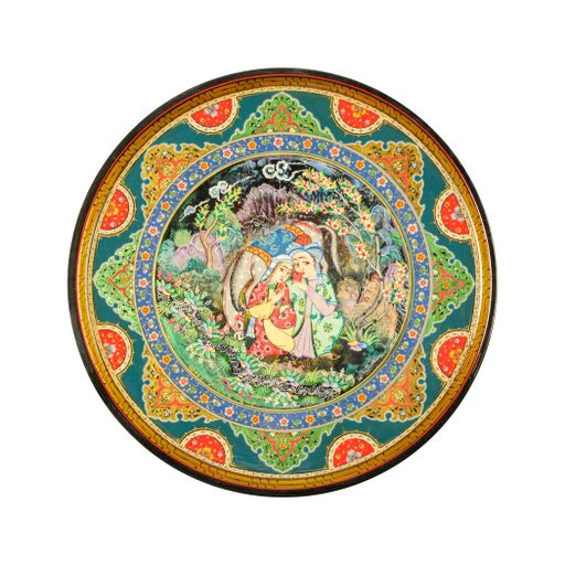 A top view of an oriental ceramic plate with a painting of a couple on a white background, Uzbekistan, Tashkent