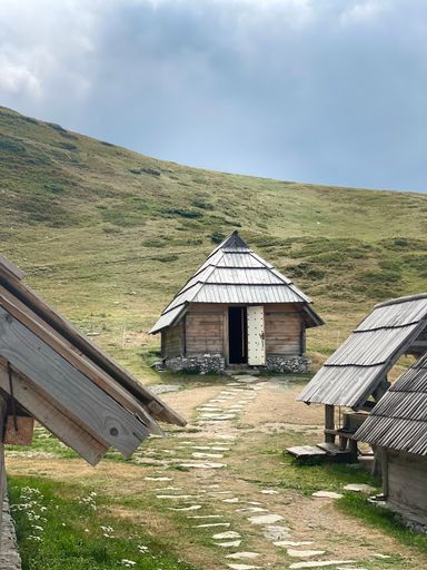 A vertical shot of old rural houses in the green field