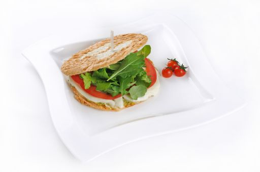 An isolated shot of a sandwich with tomatoes and mozzarella - perfect for a food blog or menu usage
