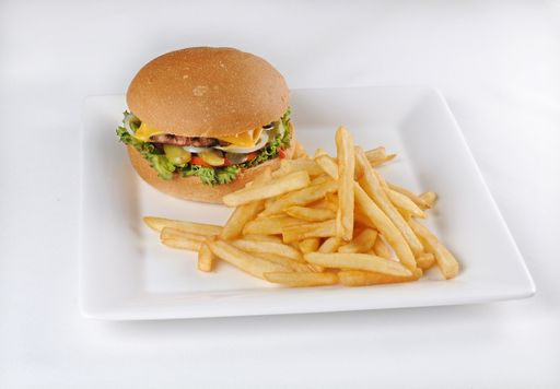 An isolated shot of a plate with a hamburger and french fries - perfect for a food blog or menu usage