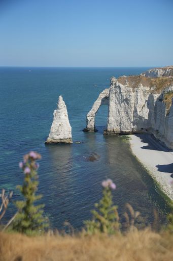 A beautiful rocky cliff surrounded by a sea on a sunny day, Etretat, France