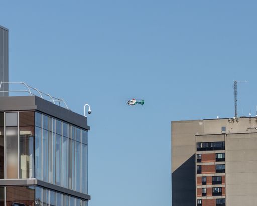 A medical helicopter landing at the Boston hospital