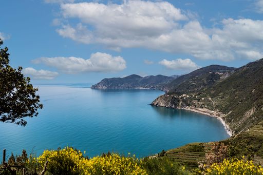 An aerial horizontal shot of the green hills and blue sea of Cinque Terre under the blue sky of Italy
