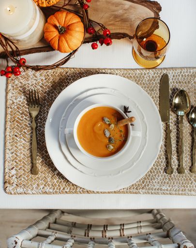 A top view of a dinner set on  a table