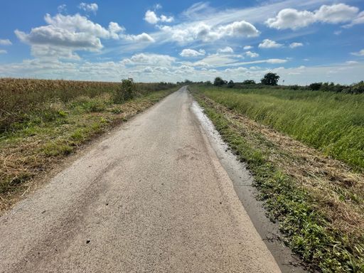 An empty road in a green field under a bright cloudy sky - road to freedom
