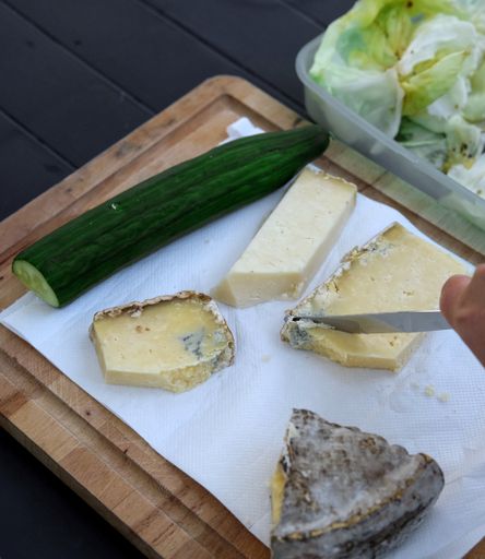A vertical high angle shot of a person cutting different types of cheeses