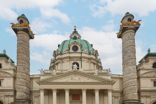The Main facade of the Church of St Charles Borromeo in Vienna, Austria