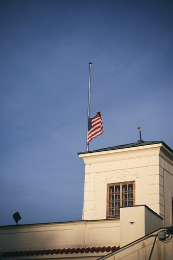 A vertical shot of the Embassy of the United States in Prague