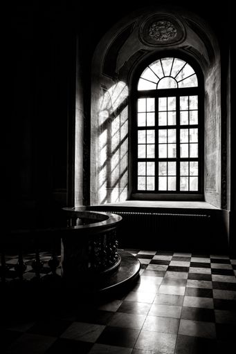A grayscale shot of an interior of a vintage house with an open window