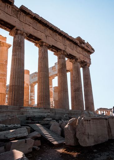 The vertical shot of the Parthenon temple ruins