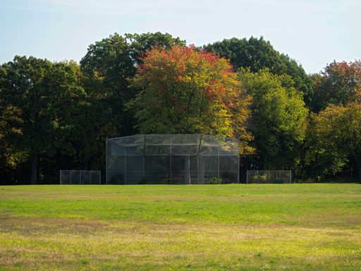 A landscape shot of a beautiful park with chain link backstop under the lush trees