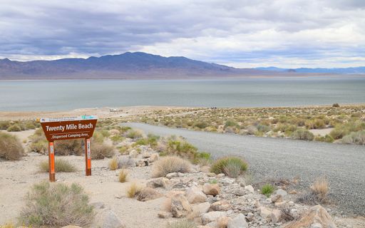 A sign marks the entrance to Twenty Mile Beach, a primitive camping area on the shores of Nevada's Walker Lake.