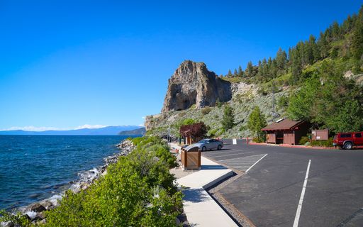 Cave Rock dominates the skyline over Lake Tahoe's Cave Rock State Park.
