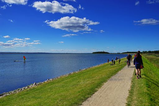 An image of a road with the Baltic Sea on the left and people riding bicycles in Fehmarn, Germany