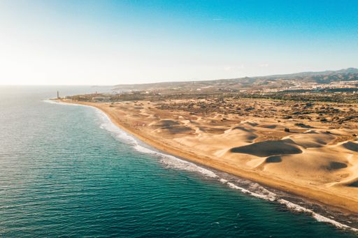 An aerial view of Maspalomas dunes on Gran Canaria island, Spain