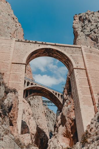 A vertical shot of the bridges and rocks in the la Serra Gelada Natural Park, Spain