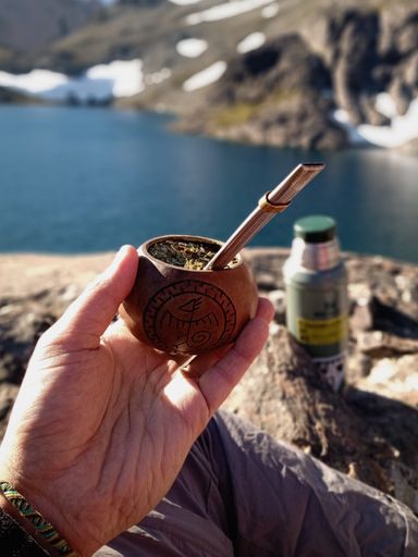 A vertical shot of a hiker holding a bowl of herbs near a lake