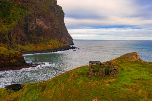 An aerial view of the beach and cliffs at Ponta de Sao Lourenco, Madeira islands, Portugal