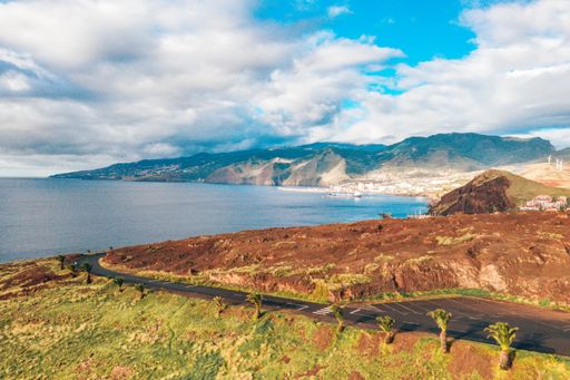 An aerial view of the wild beach and cliffs at Ponta de Sao Lourenco, Madeira islands, Portugal