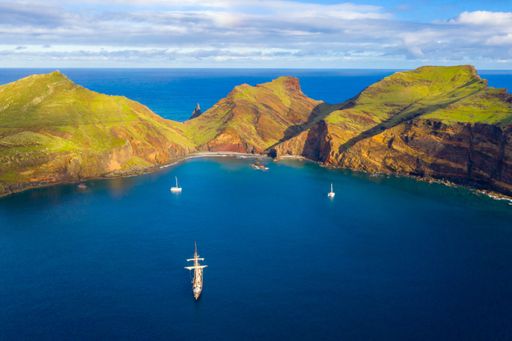 An aerial view of the beach and cliffs at Ponta de Sao Lourenco, Madeira islands, Portugal
