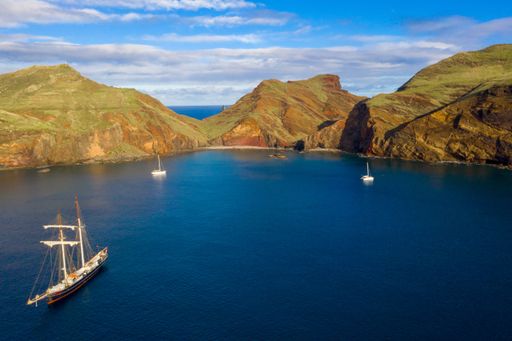 An aerial view of the wild beach and cliffs at Ponta de Sao Lourenco, Madeira islands, Portugal