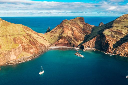 An aerial view of wild beach and cliffs at Ponta de Sao Lourenco, Madeira islands, Portugal