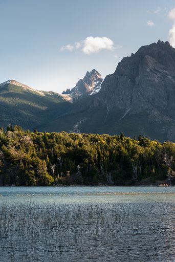A vertical shot of a lake surrounded by trees, hills and mountains on a sunny day
