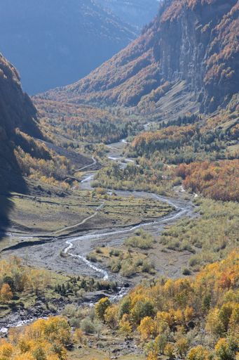 A vertical of a trail in the Cirque Du Fer A Cheval hiking area, France
