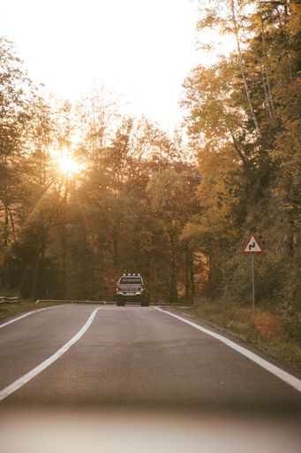 A vertical shot of a car driving on an empty road surrounded by colorful trees in the Transfagarasan mountains
