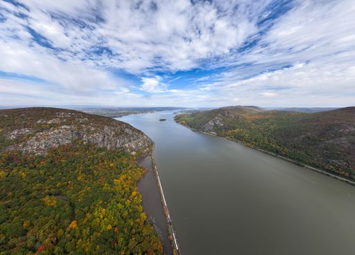 An aerial view over Storm King Mountain in upstate New York on a sunny day