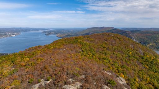 An aerial view over Storm King Mountain in upstate New York on a sunny day