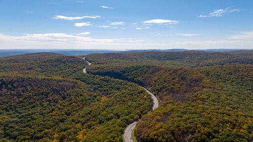 An aerial view over Storm King Mountain in upstate New York on a sunny day