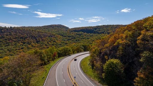 An aerial view over Storm King Mountain in upstate New York on a sunny day