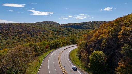 An aerial view over Storm King Mountain in upstate New York on a sunny day
