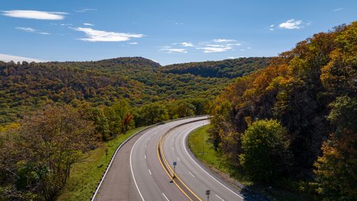 An aerial view over Storm King Mountain in upstate New York on a sunny day