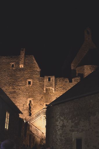 A vertical low angle shot of the famous castle Aggstein in Austria at night