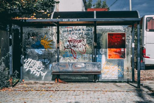 A vandalized bus stop in Skopje, Macedonia