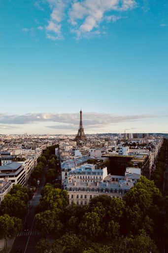 A vertical shot of the Eiffel Tower and the cityscape with a cloudy sky in the background, Paris, France