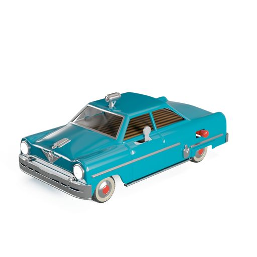 A 3D rendered illustration of a vintage car in color cyan isolated on a white background