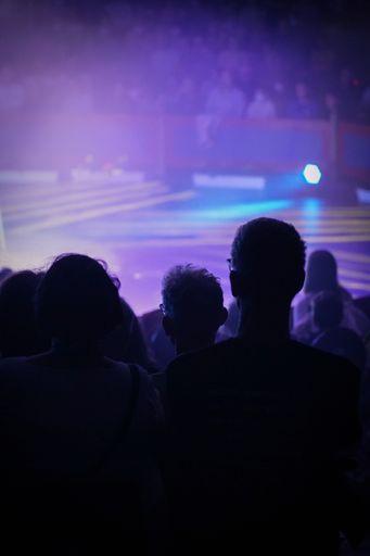 A vertical shot of spectators in a circus with purple lights in the background