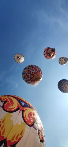 A vertical low-angle shot of hot air balloons in the sky