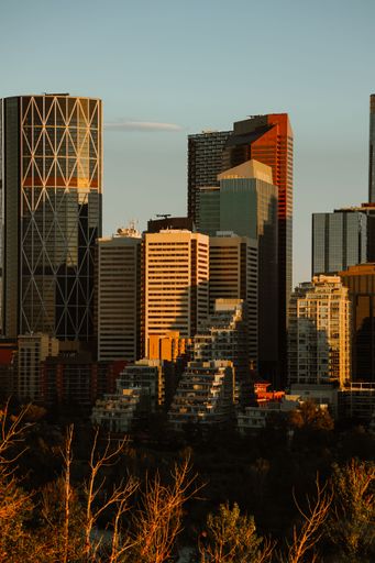 A vertical shot of the Bow and other skyscrapers and surrounding buildings in Calgary, Alberta, Canada