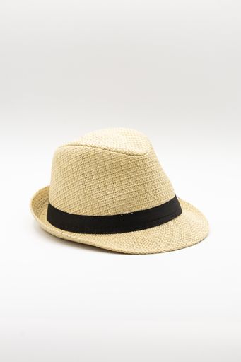 A vertical closeup shot of a straw hat fashion for men isolated on a white background