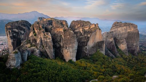 An aerial view of the historic Meteora Rocks in the mountains of Kalabaka, Greece