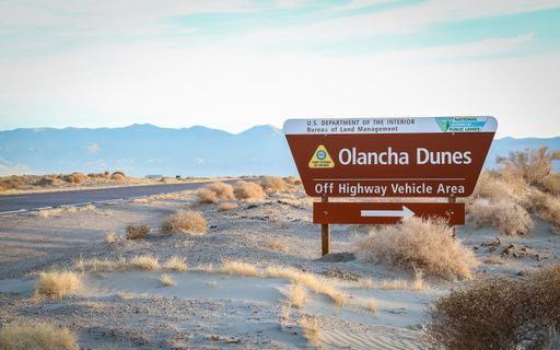 A sign announces the location of Olancha Dunes Off Highway Vehicle Area in Eastern California.