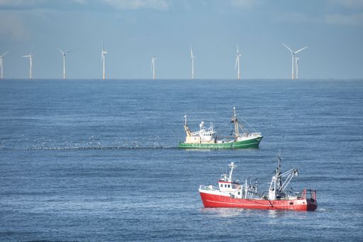 Two cutters passing each other in the North sea with wind turbines of a windfarm in the background