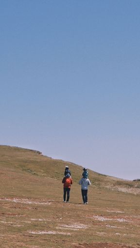 A vertical back view of two males holding little girls on their shoulders and walking on a flat terrain